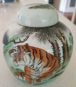Antique Vintage Asian Oriental Ginger Jar Hand Painted Tiger In Forest