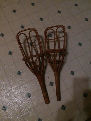 Vintage Wicker Rattan Ball Toss Catch Game Paddles 2