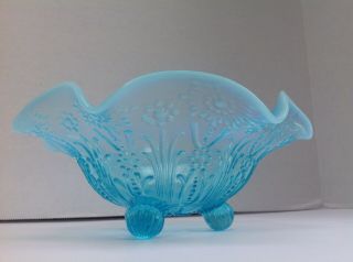 Vntg Blue Opalescent Glass Bowl With Ruffle Floral Design 3 Footed