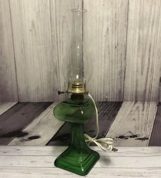 Vintage Emerald Green Glass Electric Table Lamp With Clear Chimney