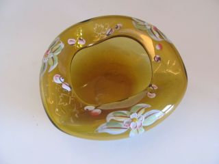 Vtg Czech Bohemian Amber Glass Ashtray W Hand Painted Floral