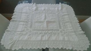 Vintage White Cotton Tablecloth With Lace And Crocheted Lace
