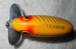 Vintage Metal Lip Fred Arbogast Jitterbug Fishing Lure Yellow With 12 Ribs