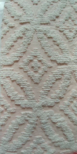 Pink And Ivory Vintage Cotton Chenille Bedspread Fabric Piece,  12 " X 24 "