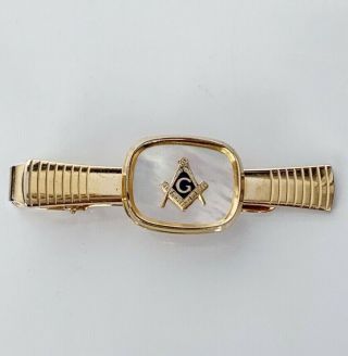 Vintage Masonic Masons Gold Tone Tie Clip W/ Mother Of Peal