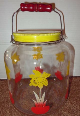 Old Vintage Yellow Daffodil Flower Cookie Pickle Jar Wire Bail Red Wood Handle