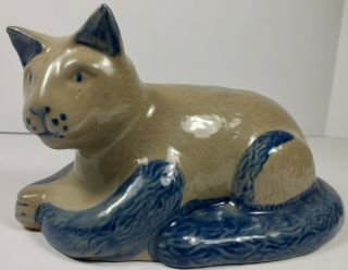 Vintage Beaumont Brothers Salt Glaze Pottery Cat Figurine W/ Cobalt Blue Accents