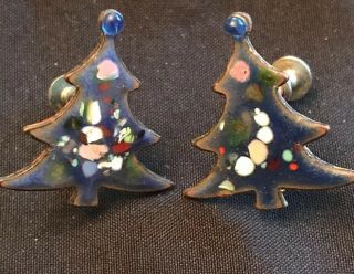 Vintage Mid Century Modern Earrings Christmas Tree Enamel On Copper 1960s