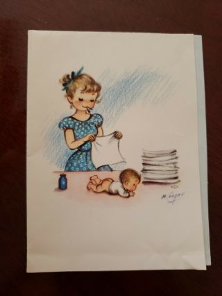 Vtg Rust Craft Greeting Card Marjorie Cooper Baby Mother W/diaper Pen,  Handi - Note