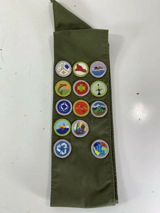 Vintage Boy Scouts Sash With 13 Merit Badge Patches Bsa Fish Fire Swim Camping
