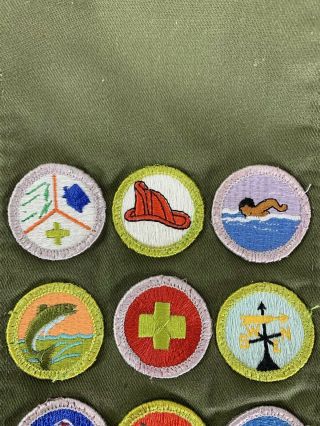 Vintage Boy Scouts Sash with 13 Merit Badge Patches BSA Fish Fire Swim Camping 2