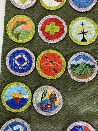 Vintage Boy Scouts Sash with 13 Merit Badge Patches BSA Fish Fire Swim Camping 3