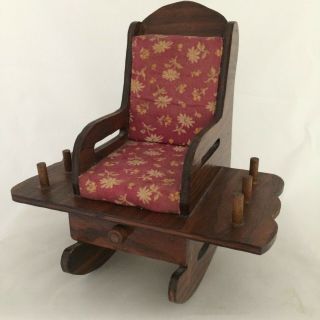 Vintage Wooden Rocking Chair Sewing Pin Cushion Thread Caddy W/ Drawer