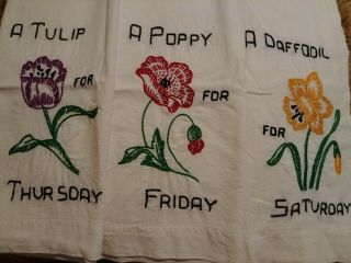 Vintage Embroidered Days Of The Week Tea Towels