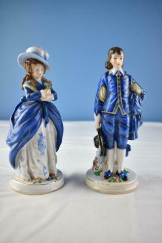 Vintage Porcelain Victorian Man & Woman Figurines,  Blue & White