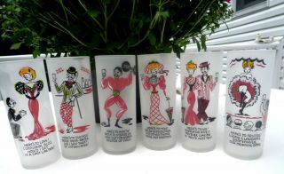 Set Of 6 Federal Gay Fad Nineties Frosted Bar Cocktail Glasses Vintage Painted
