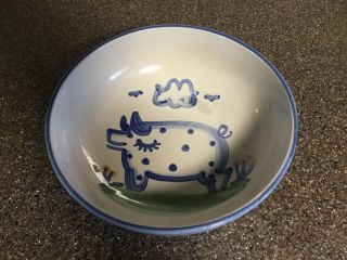 M A Hadley Pig Serving Bowl 8 Inch Stoneware Country Scene Blue Art Pottery Vtg