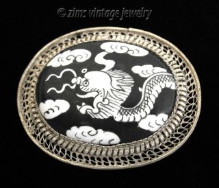 Vintage Old Chinese Silver Filigree Black White Dragon Enamel Ceramic Pin Brooch