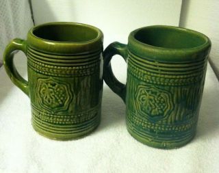 (2) Vintage McCoy Pottery 1920 ' s Green Grape Mug Tankard Stoneware Stein 8