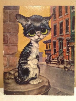 Retro Vintage Big Eyes Cat " Pity Kitty " 60s Art Litho By Gig,  Sad Alley Cat