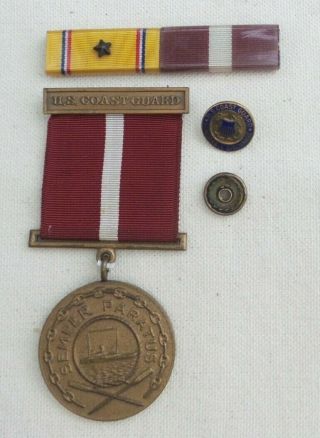 Vintage Ww2 Us Coast Guard Good Conduct Medal & Pin Group As Found