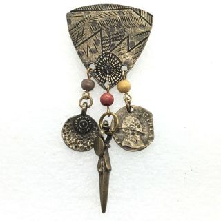 Vintage Tribal Boho Brooch Pin Faux Coin Wood Beads Dangles Brass Tone Jewelry