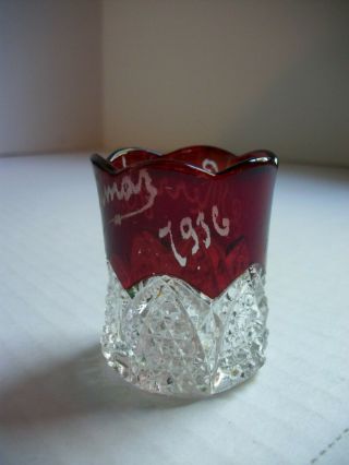 Vintage Merry Christmas 1936 Ruby Flash Clear Cut Glass Toothpick Match Holder