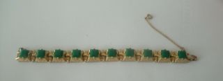 Vintage Signed Art Green Bracelet With Faux Seed Pearls Goldtone Safety Chain