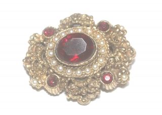 Vintage Gold Tone Red Glass & Faux Pearl Ornate Fashion Jewellery Brooch - Bc2