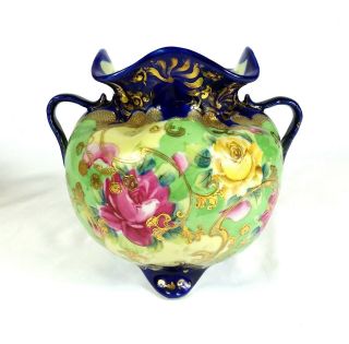 Vintage Noritake,  Nippon Footed Rose Bowl Hand Painted Roses And Gold Detail