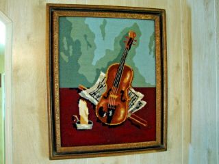 Musical Vintage Needlepoint Violin Sheet Music Candle 1978 Completed & Framed