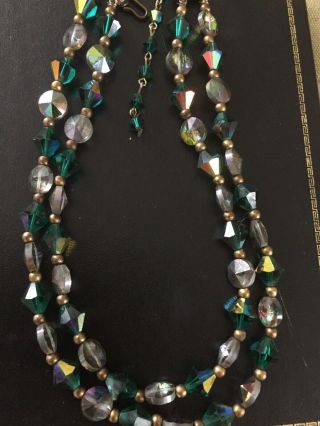 Vintage Gold - Tone Metal Green Aurora Borealis Crystal Bead Two Strand Necklace