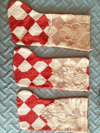 Three Handmade Old Quilt Christmas Stockings Vintage Lace,  Dollie