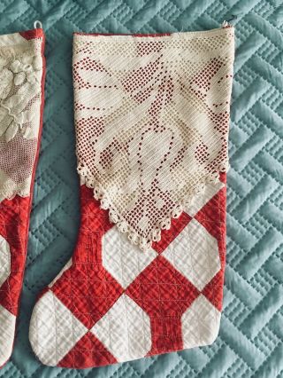 Three Handmade Old Quilt Christmas Stockings Vintage Lace,  Dollie 2