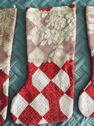 Three Handmade Old Quilt Christmas Stockings Vintage Lace,  Dollie 3