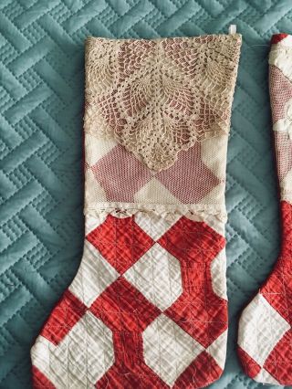 Three Handmade Old Quilt Christmas Stockings Vintage Lace,  Dollie 4