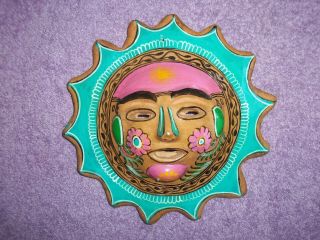 Vintage Rare Mayan Aztec Warrior Mexican Sun God Pottery Face Mask Wall Hanging