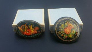 Vintage Set Of 2 Russian Ussr Ladies Black Lacquer Painted Brooch Pin