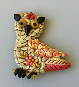 Vintage Handmade Owl Brooch In Poly Clay