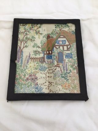 Fab Vintage Needlepoint Tapestry Framed Cottage & Floral Scene In Frame