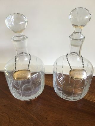 Cut Glass Vintage Vodka Scotch Decanters Carafes W Stoppers Sterling Silver Tags
