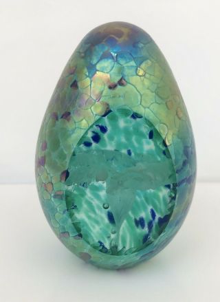 Vintage 1993 Msh Ash Vines Art Glass Iridescent Blue 3 " Egg Shaped Paperweight