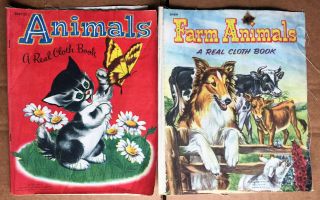 2 Vintage Linen Cloth Children’s Books / Animals / Farm Animals / Whitman 1950