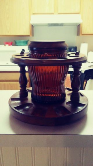 Vintage Rotating Walnut Wood 10 Holder/rack With Humidor - Glass W/lid