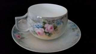 Vintage J & C Bavaria Handpainted Pink Roses And Blue Flowers Cup & Saucer