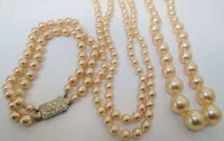 Gorgeous Long Vintage Hand Knotted Pearl Necklace,  2 Row Bracelet