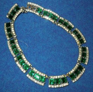 Vintage Green & Clear Rhinestone Silver Toned Necklace