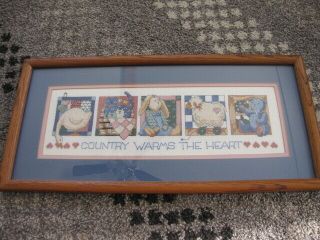 Vintage Completed Framed Handmade Cross Stitch Country Warms The Heart