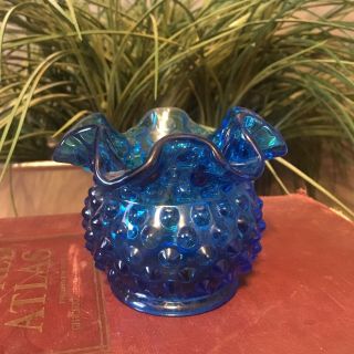 Vintage Fenton Blue Hobnail Ruffled Edge Vase