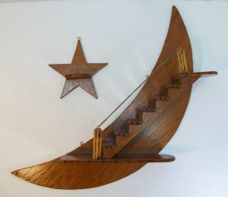 Vintage Crescent Moon & Star Wood Staircase Knick Knack Wall Shelf Mid Century